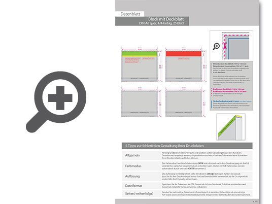 Product Bild block_mit_leimbindung_und_deckblatt__din_a6_quer__25_blatt__4_4_farbig_beidseitig_bedruckt